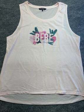 Bebe Sport Pink Tropical Palm Mesh Back Logo Tank Top Beach Resort Vacation XL